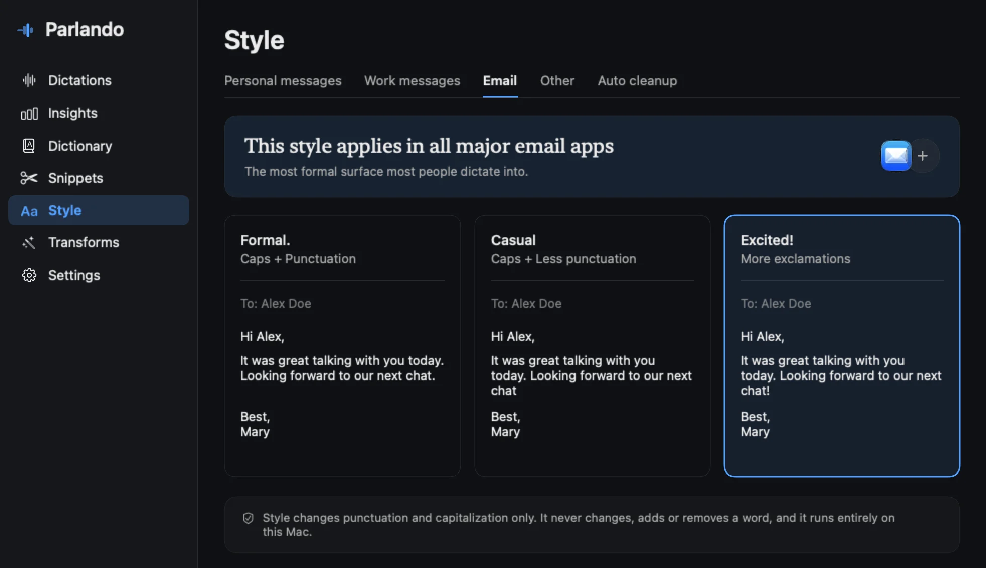 The Parlando Style pane in dark mode on the Email tab, with Excited selected.