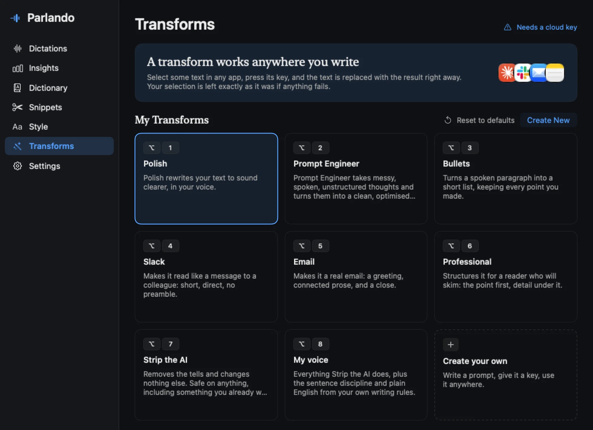 The Parlando Transforms pane in dark mode.